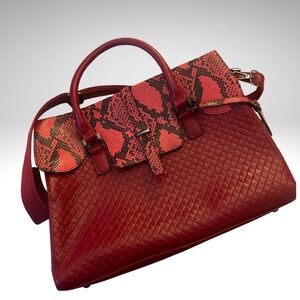 Red Python-Accent Quilted Leather Satchel - Women
